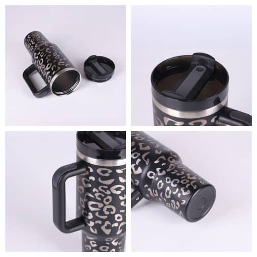 Leopard print travel mug in various angles.