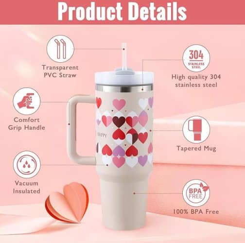 Insulated heart-patterned stainless steel travel mug details.