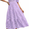 Summer Dress Floral Lace Short Sleeve High Waist - Purple, L