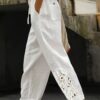 Women's Lace Stitching Drawstring Straight Casual Pants - White, M