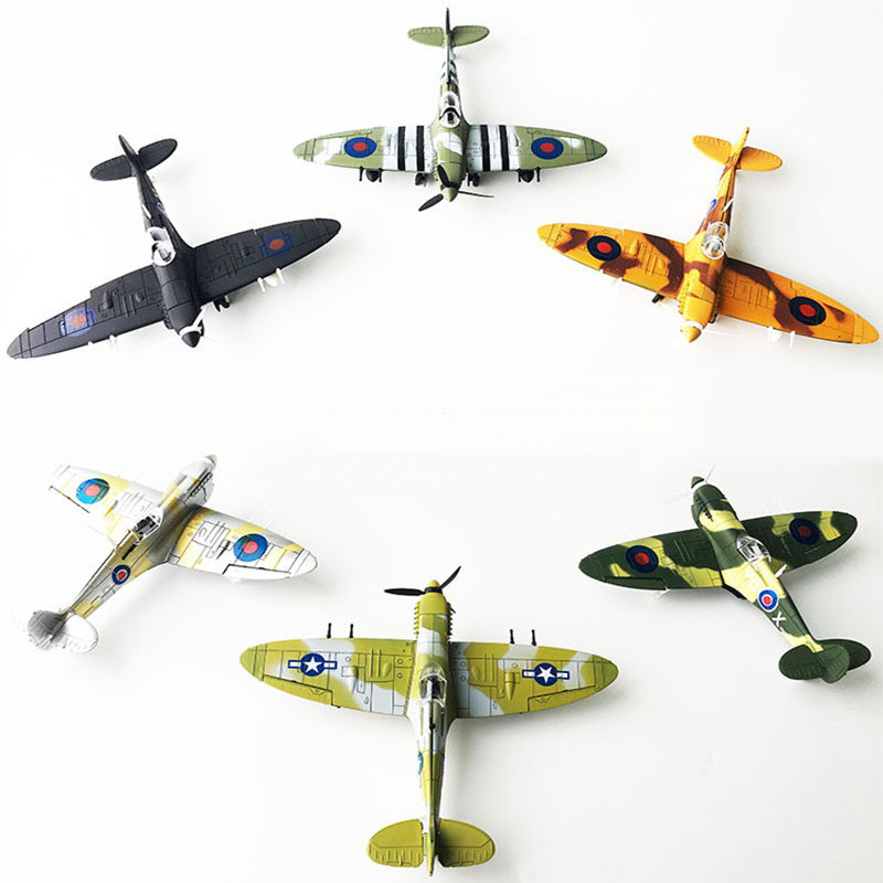 Six colorful toy planes arranged on white background.