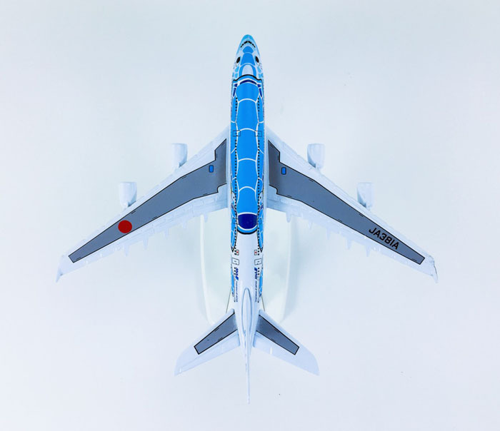 Scale model of airplane viewed from above.