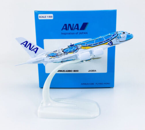 Model airplane on stand, ANA Airbus A380.
