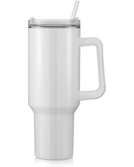 White insulated travel mug with handle and straw