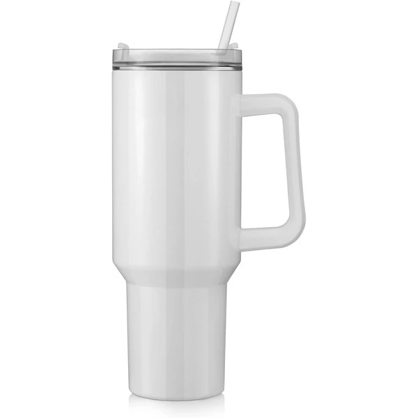 White insulated travel mug with handle and straw