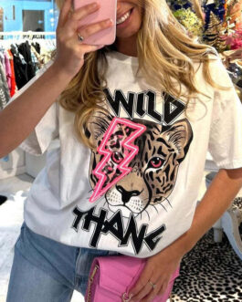 Ladies Oversized Tiger Lightning Wild Thang Short Sleeves T Shirt Top