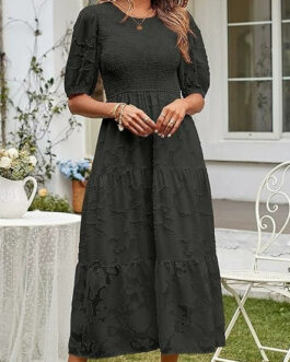 Summer Dress Floral Lace Short Sleeve High Waist