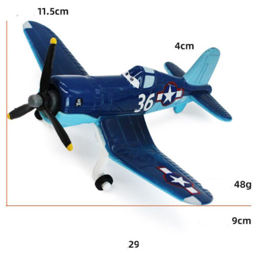 Blue toy airplane with measurements