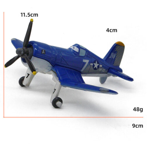 Blue toy airplane with dimensions and weight labeled.