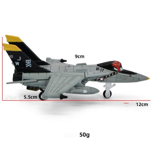 Gray toy jet with dimensions and weight shown.