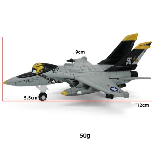 Model fighter jet dimensions: 12cm length, 9cm wingspan.
