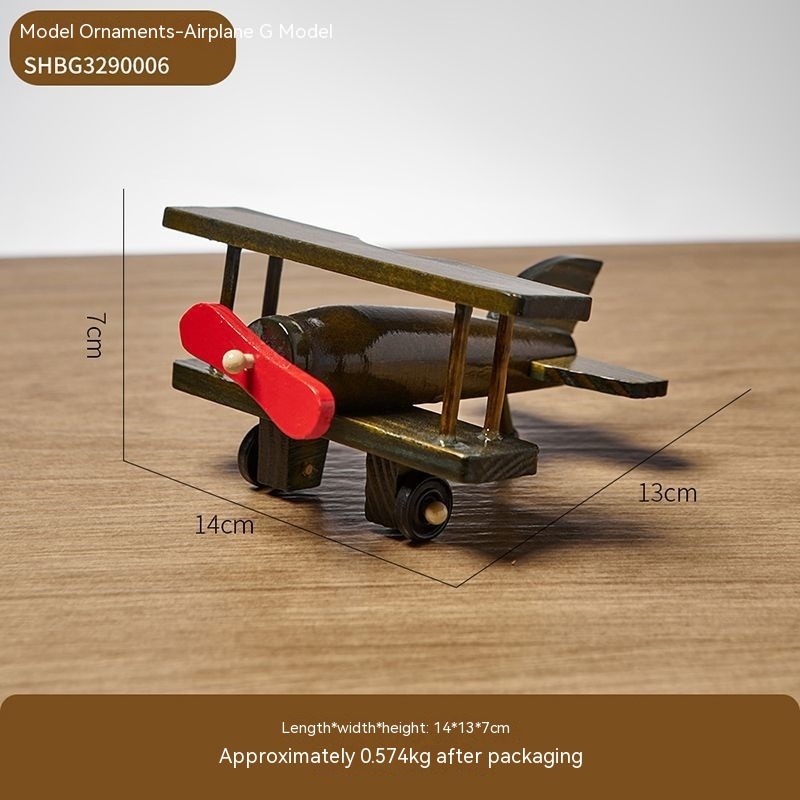 Wooden airplane model with dimensions and weight.