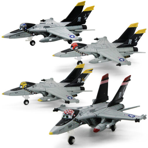 Four toy fighter jets in formation.