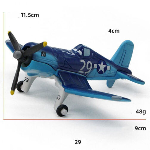 Toy blue airplane with measurements and weight shown.