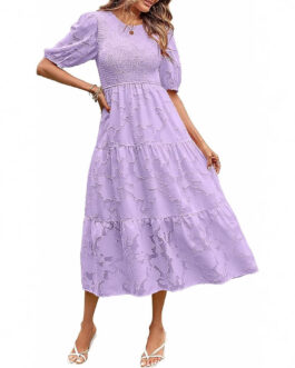 Summer Dress Floral Lace Short Sleeve High Waist