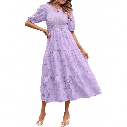 Summer Dress Floral Lace Short Sleeve High Waist - Image 2