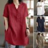 Loose Plump Girls Button Fashion V-neck Short Sleeve Solid Color T-shirt