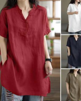 Loose Plump Girls Button Fashion V-neck Short Sleeve Solid Color T-shirt