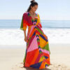Polyester Printed Pull-belt Long Dress Beach Jacket Sun Protection Robe