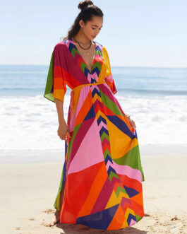 Polyester Printed Pull-belt Long Dress Beach Jacket Sun Protection Robe