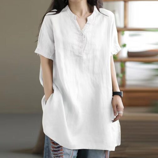 Loose Plump Girls Button Fashion V-neck Short Sleeve Solid Color T-shirt - Image 6