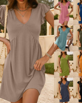 Beach Casual Deep V-neck Pleated Ruffle Sleeve Baggy Tank Dress