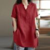 Loose Plump Girls Button Fashion V-neck Short Sleeve Solid Color T-shirt - Red, XL
