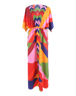 Polyester Printed Pull-belt Long Dress Beach Jacket Sun Protection Robe