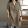 Loose Plump Girls Button Fashion V-neck Short Sleeve Solid Color T-shirt - Khaki, M