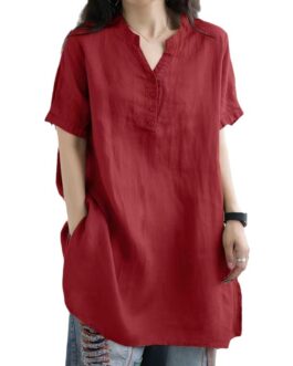 Loose Plump Girls Button Fashion V-neck Short Sleeve Solid Color T-shirt