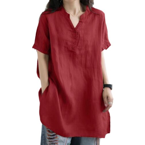 Loose Plump Girls Button Fashion V-neck Short Sleeve Solid Color T-shirt - Image 2