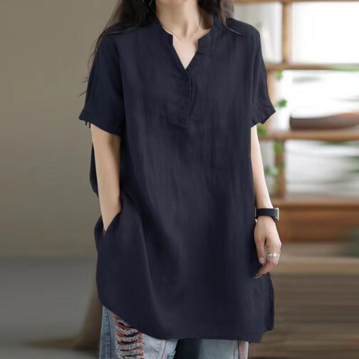 Loose Plump Girls Button Fashion V-neck Short Sleeve Solid Color T-shirt - Image 8