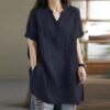 Loose Plump Girls Button Fashion V-neck Short Sleeve Solid Color T-shirt - Dark Blue, XXXL