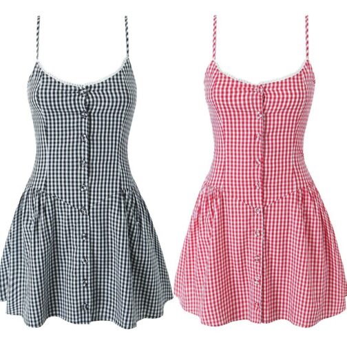 Plaid Suspender Skirt for Women Street Style Mid Waist Sleeveless Dress in Gray and Pink - Image 4