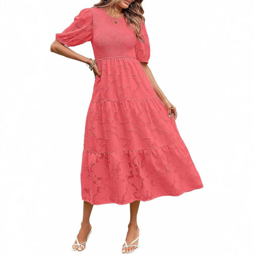 Summer Dress Floral Lace Short Sleeve High Waist - Image 5