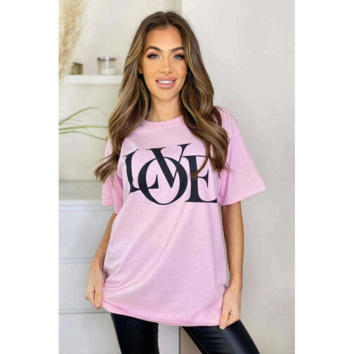 Ladies Oversized Love Print Slogan Short Sleeves T Shirt Top - Image 2