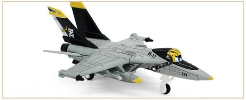 Toy fighter jet with helmeted pilot design.
