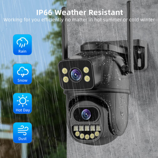 Weatherproof security camera with night vision and motion detection.