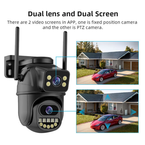 Dual lens camera monitoring house and car.