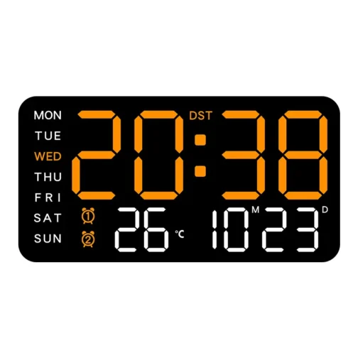 Digital clock displaying time, temperature, and date.