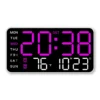 Large Digital Wall Clock Temp Date Week Display Remote Control USB Powered Table Clock Wall-mounted Dual Alarms LED Clocks - White-purple