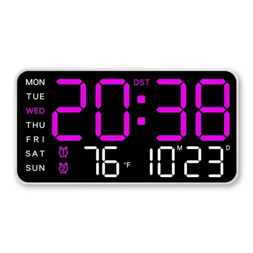 Digital wall clock with temperature and day display.