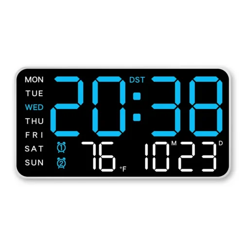 Digital clock displaying time, date, temperature, and alarm icons.