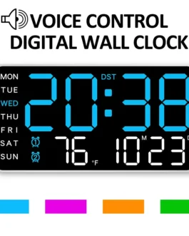 Voice control digital wall clock showing time and date.