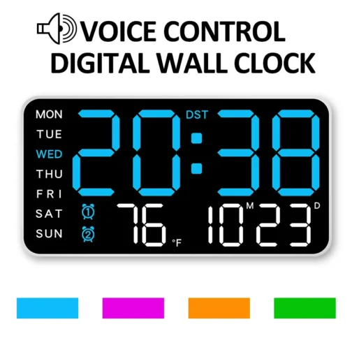 Voice control digital wall clock showing time and date.