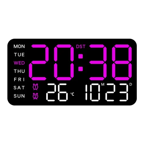 Digital clock displaying time, temperature, and date.