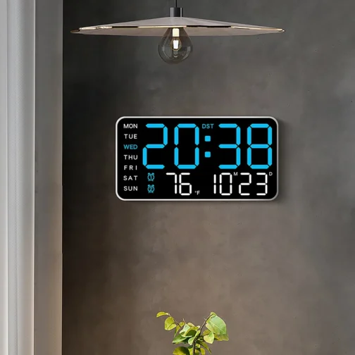 Modern digital wall clock displaying temperature and time.