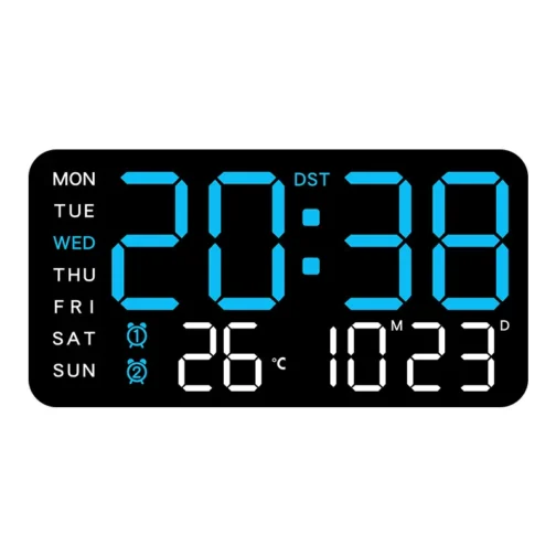 Digital clock display showing time, date, temperature.