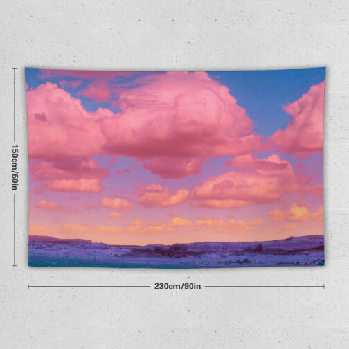 Pink clouds and blue sky tapestry, size dimensions included.