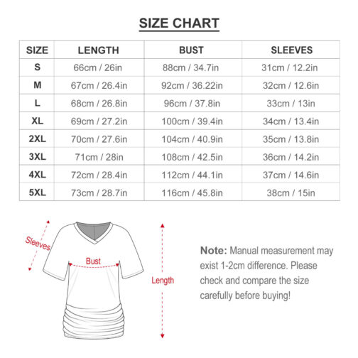 Size chart with measurements for clothing.